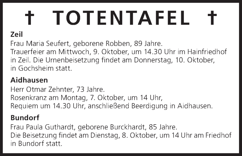  Traueranzeige für Totentafel vom 07.10.2013 vom 07.10.2013 aus MGO