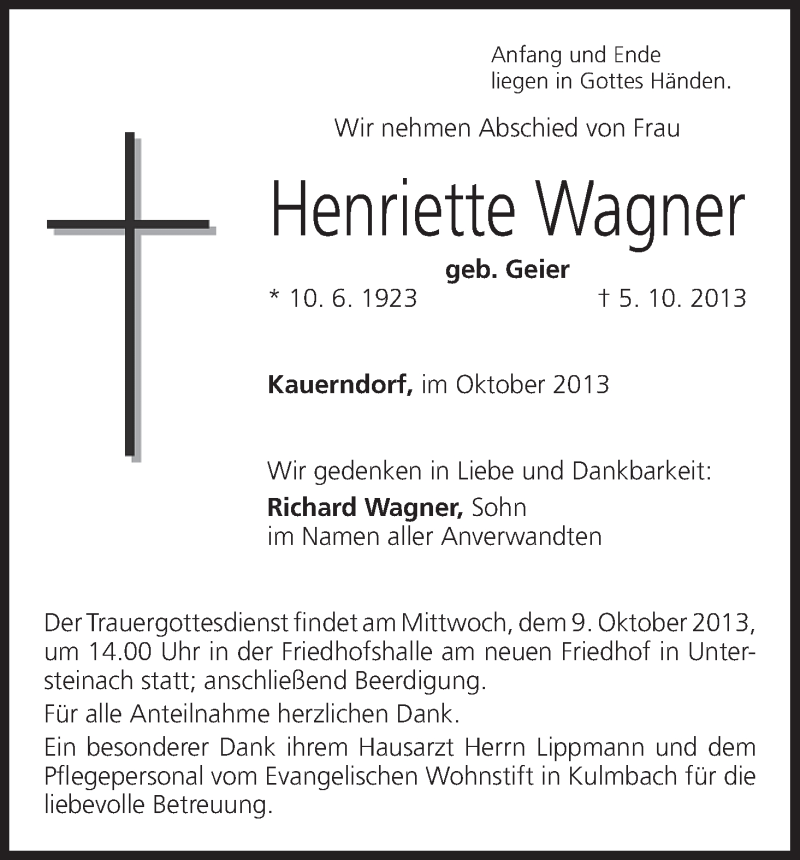  Traueranzeige für Henriette Wagner vom 07.10.2013 aus MGO