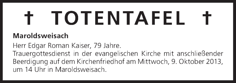  Traueranzeige für Totentafel vom 08.10.2013 vom 08.10.2013 aus MGO