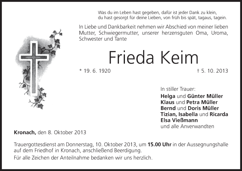  Traueranzeige für Frieda Keim vom 08.10.2013 aus MGO
