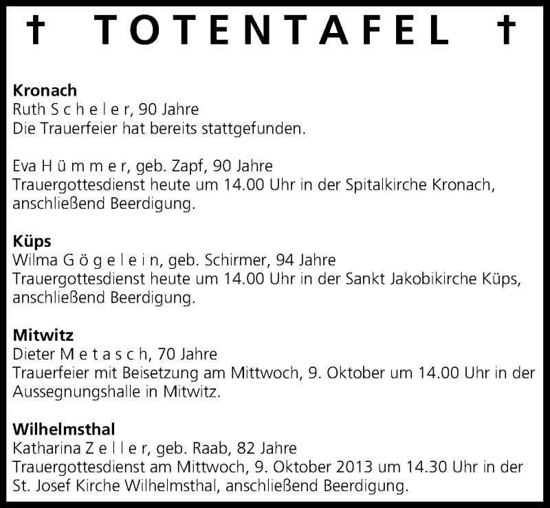  Traueranzeige für Totentafel vom 08.10.2013 vom 08.10.2013 aus MGO