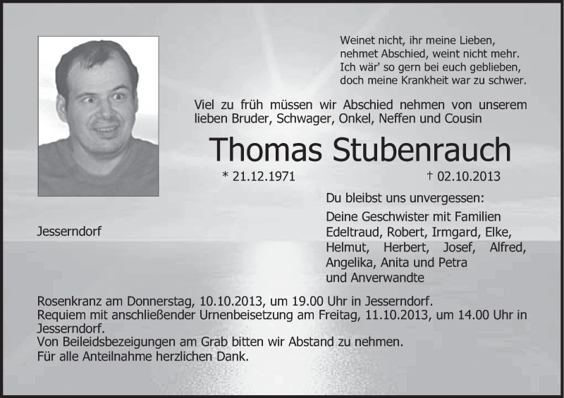  Traueranzeige für Thomas Stubenrauch vom 08.10.2013 aus MGO