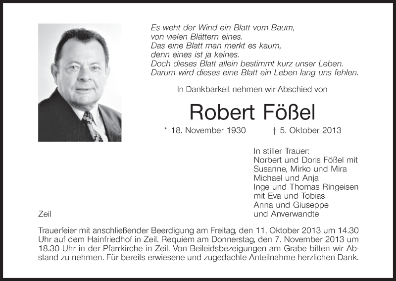  Traueranzeige für Robert Fößel vom 09.10.2013 aus MGO