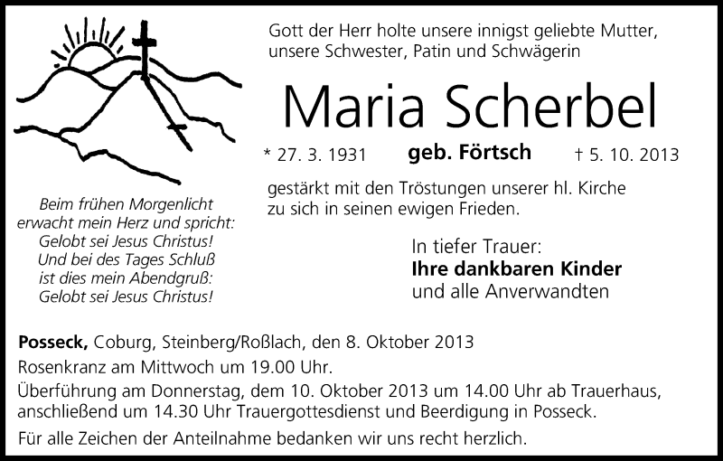  Traueranzeige für Maria Scherbel vom 08.10.2013 aus MGO