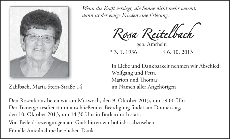  Traueranzeige für Rosa Reitelbach vom 08.10.2013 aus MGO