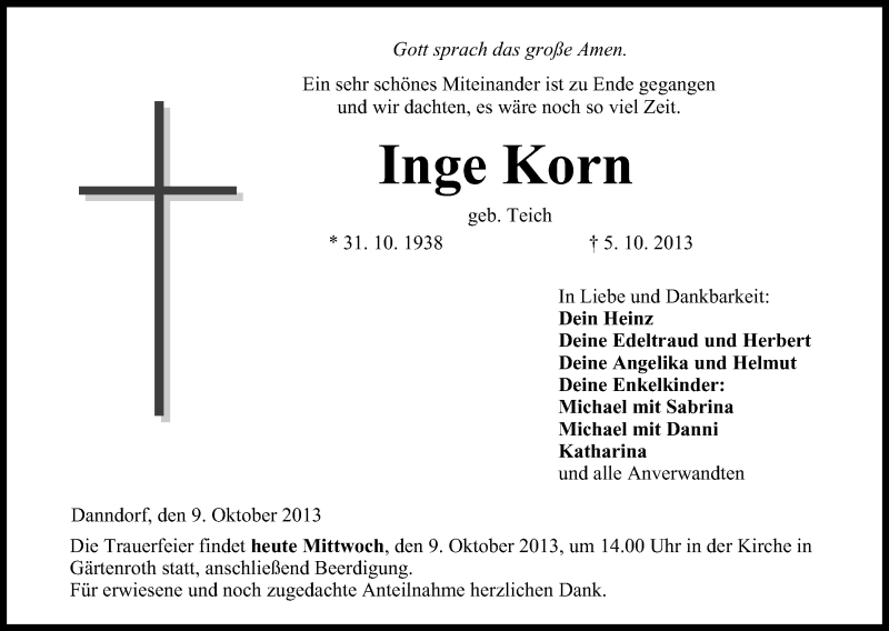  Traueranzeige für Inge Korn vom 09.10.2013 aus MGO