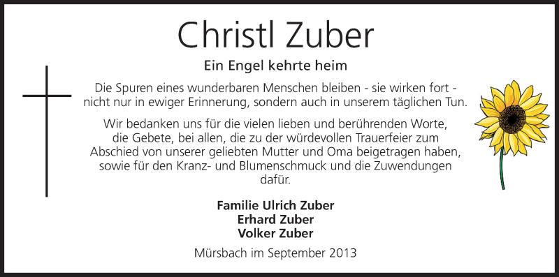  Traueranzeige für Christl Zuber vom 12.10.2013 aus MGO