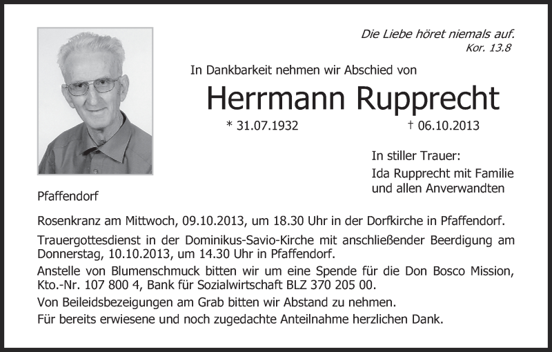  Traueranzeige für Herrmann Rupprecht vom 09.10.2013 aus MGO