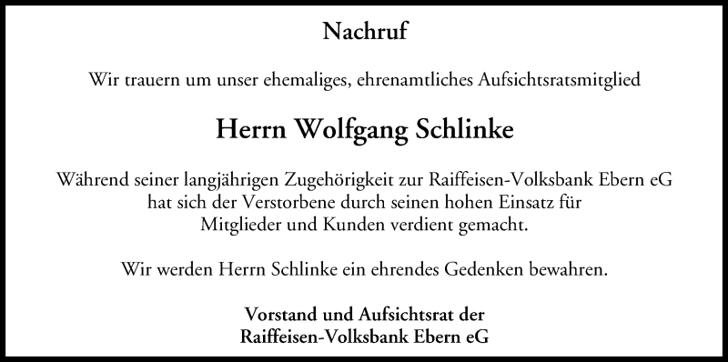  Traueranzeige für Wolfgang Schlinke vom 09.10.2013 aus MGO