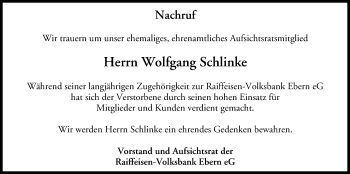 Anzeige von Wolfgang Schlinke von MGO