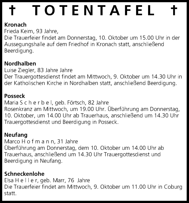  Traueranzeige für Totentafel vom 09.10.2013 vom 09.10.2013 aus MGO