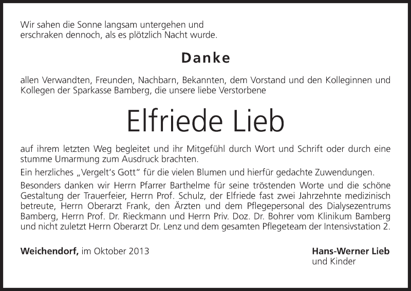  Traueranzeige für Elfriede Lieb vom 12.10.2013 aus MGO