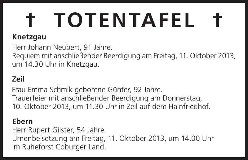  Traueranzeige für Totentafel vom 10.10.2013 vom 10.10.2013 aus MGO