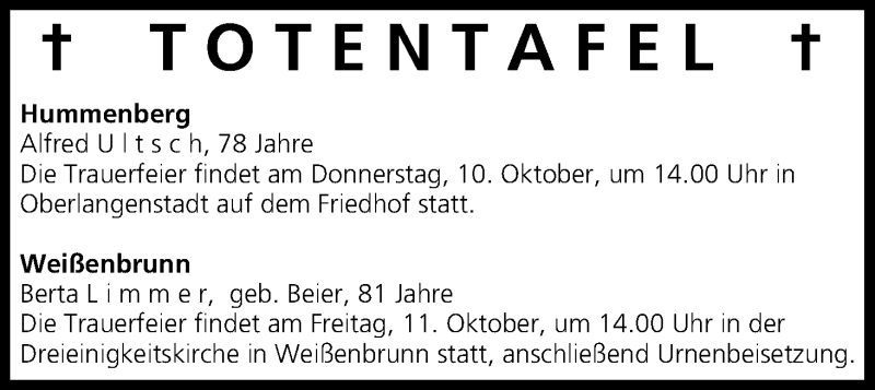  Traueranzeige für Totentafel vom 10.10.2013 vom 10.10.2013 aus MGO