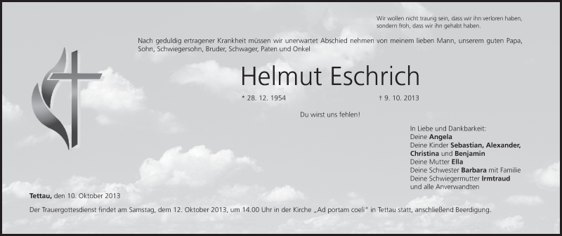  Traueranzeige für Helmut Eschrich vom 10.10.2013 aus MGO