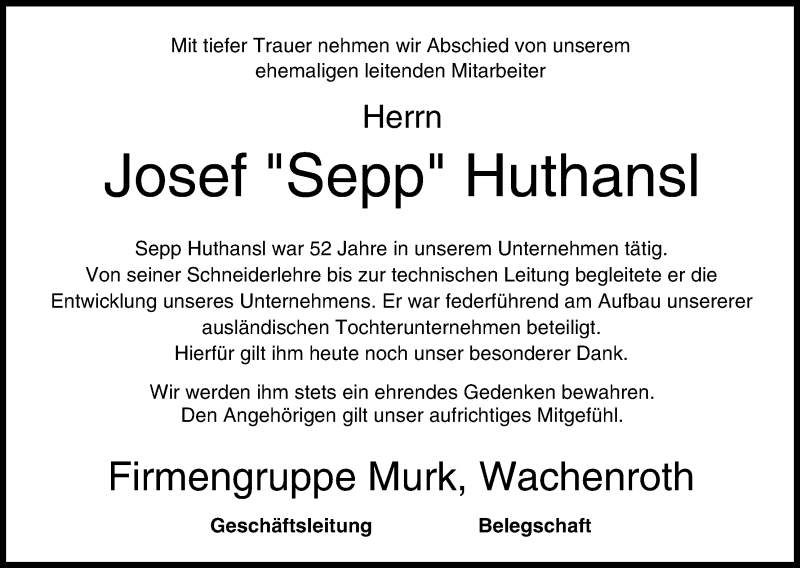  Traueranzeige für Josef Huthansl vom 12.10.2013 aus MGO