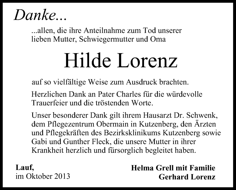  Traueranzeige für Hilde Lorenz vom 12.10.2013 aus MGO