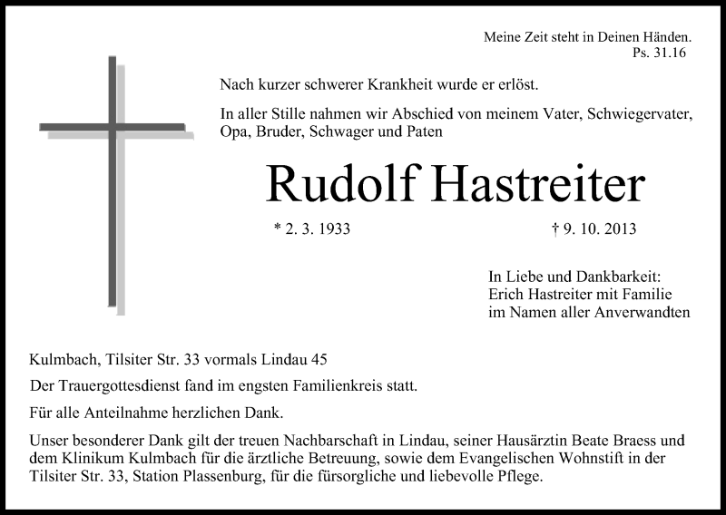  Traueranzeige für Rudolf Hastreiter vom 14.10.2013 aus MGO