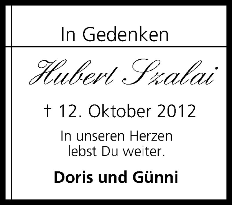  Traueranzeige für Hubert Szalai vom 12.10.2013 aus MGO