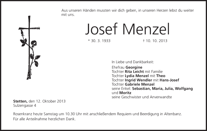  Traueranzeige für Josef Menzel vom 12.10.2013 aus MGO