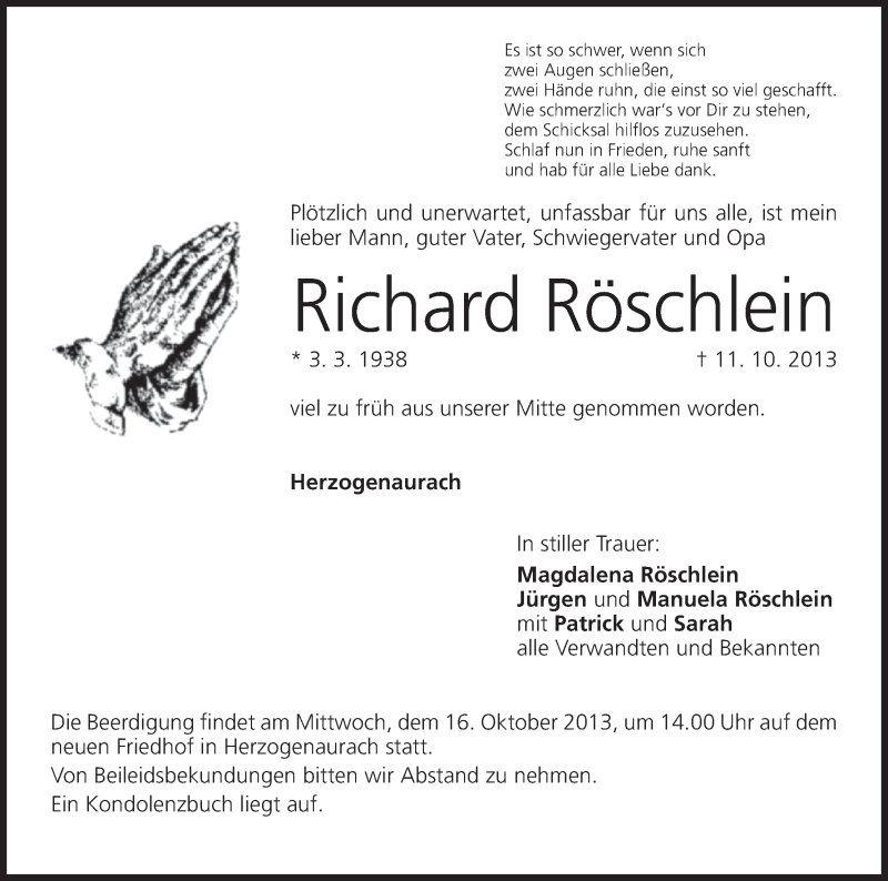  Traueranzeige für Richard Röschlein vom 12.10.2013 aus MGO