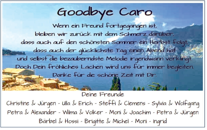  Traueranzeige für Caro  vom 14.10.2013 aus MGO