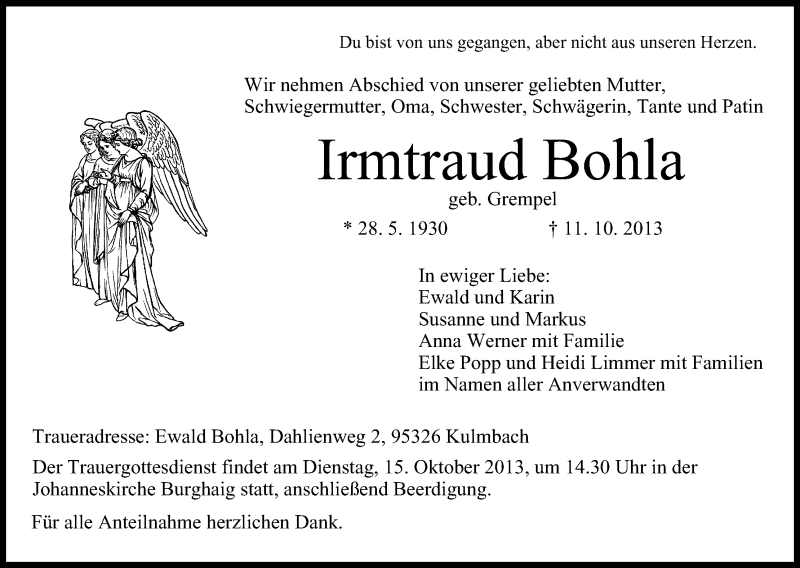  Traueranzeige für Irmtraud Bohla vom 14.10.2013 aus MGO
