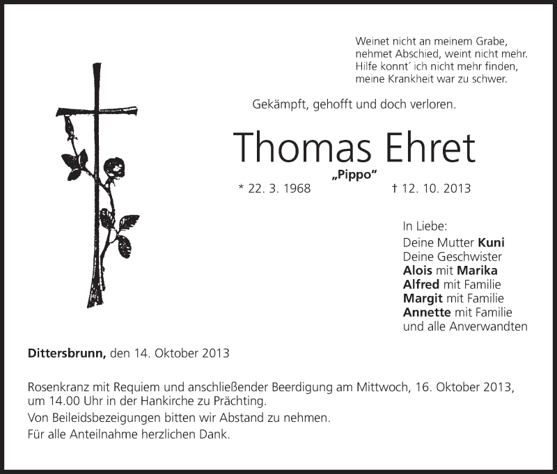  Traueranzeige für Thomas Ehret vom 14.10.2013 aus MGO