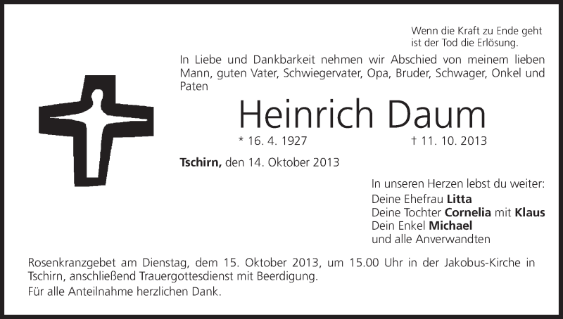  Traueranzeige für Heinrich Daum vom 14.10.2013 aus MGO