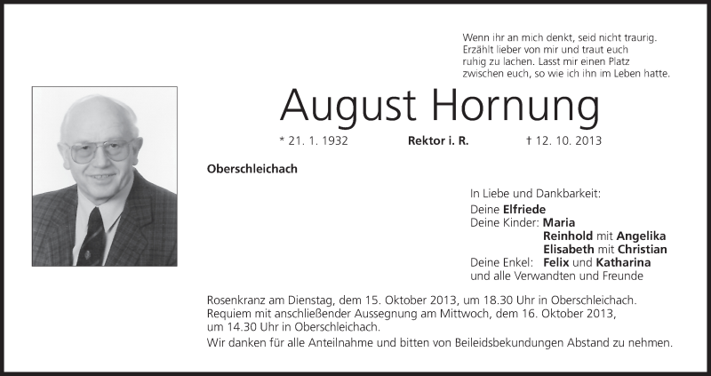  Traueranzeige für August Hornung vom 14.10.2013 aus MGO