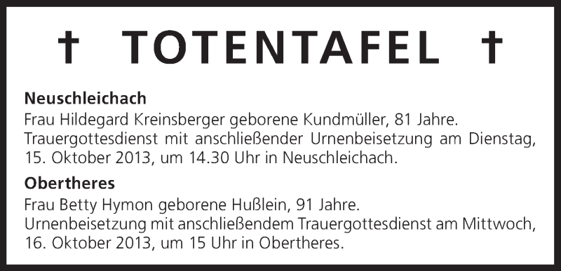  Traueranzeige für Totentafel vom 15.10.2013 vom 15.10.2013 aus MGO