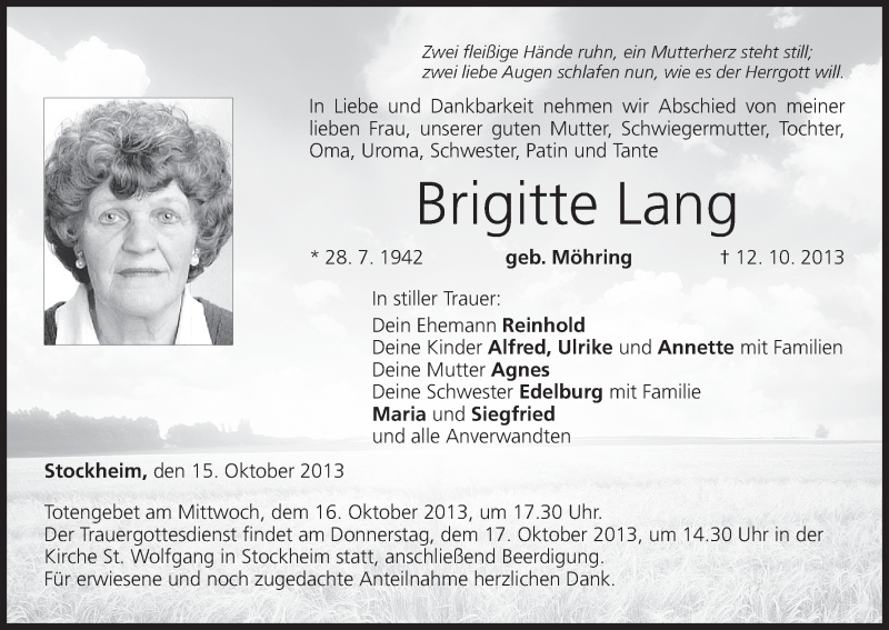  Traueranzeige für Brigitte Lang vom 15.10.2013 aus MGO