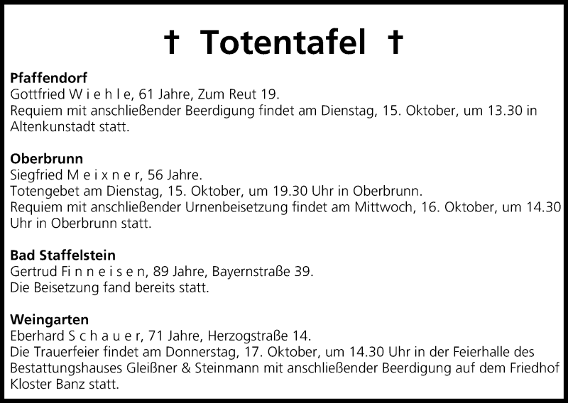  Traueranzeige für Totentafel vom 15.10.2013 vom 15.10.2013 aus MGO
