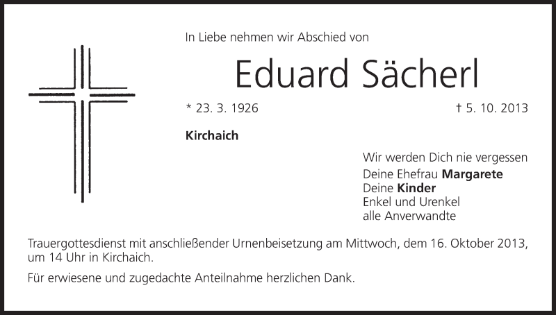  Traueranzeige für Eduard Sächerl vom 15.10.2013 aus MGO
