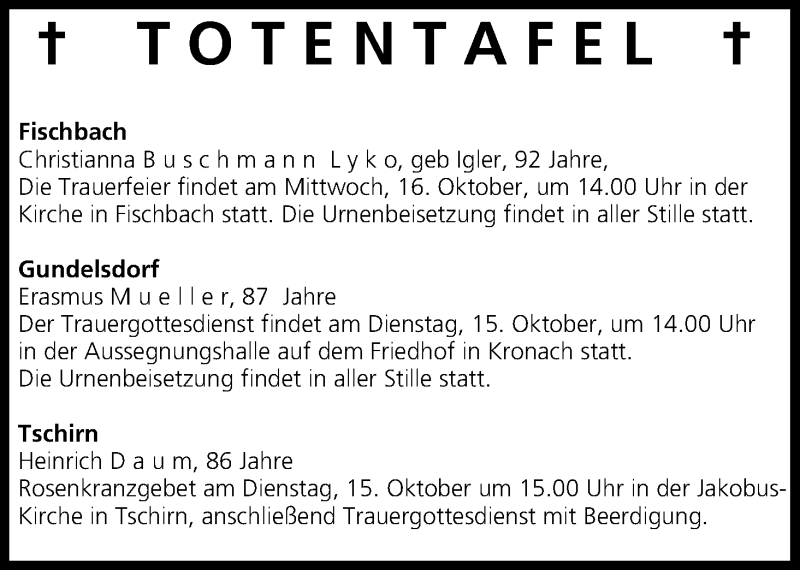 Traueranzeige für Totentafel vom 15.10.2013 vom 15.10.2013 aus MGO