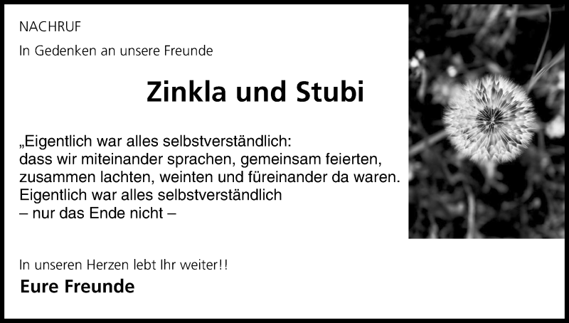  Traueranzeige für Zinkla und Stubi  vom 15.10.2013 aus MGO