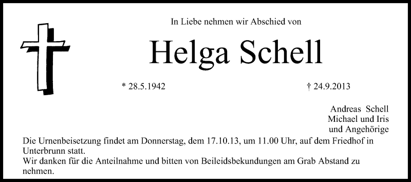  Traueranzeige für Helga Schell vom 15.10.2013 aus MGO
