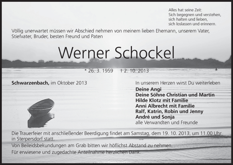  Traueranzeige für Werner Schockel vom 17.10.2013 aus MGO
