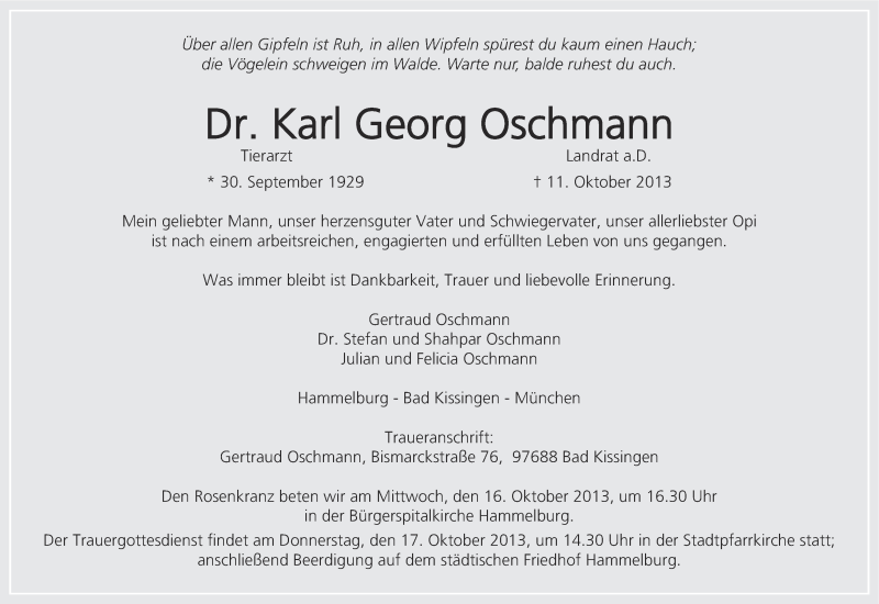  Traueranzeige für Karl Georg Oschmann vom 15.10.2013 aus MGO