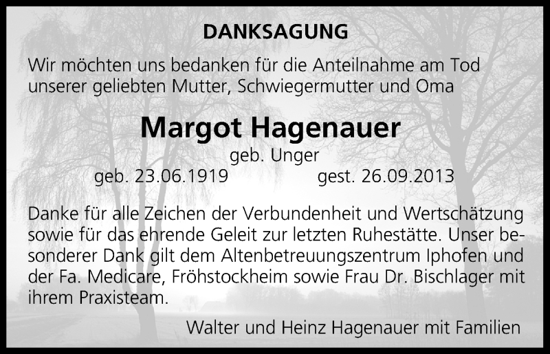  Traueranzeige für Margot Hagenauer vom 15.10.2013 aus MGO
