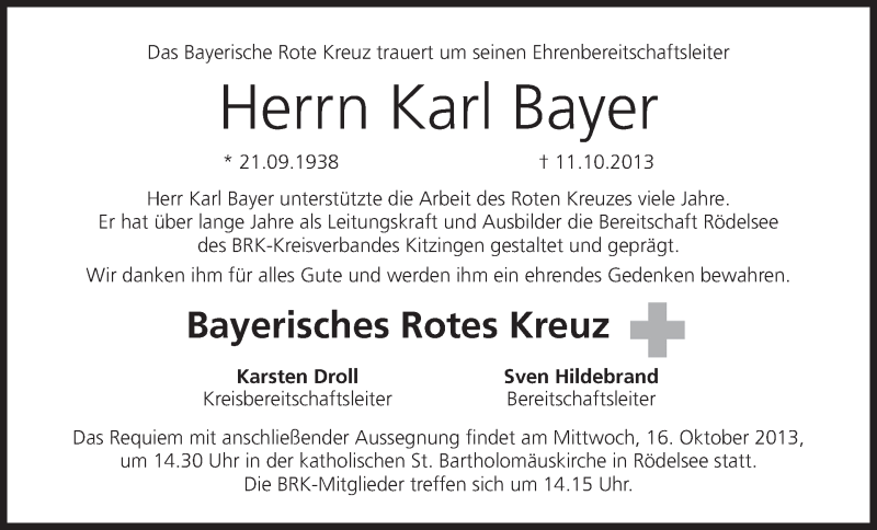  Traueranzeige für Karl Bayer vom 15.10.2013 aus MGO
