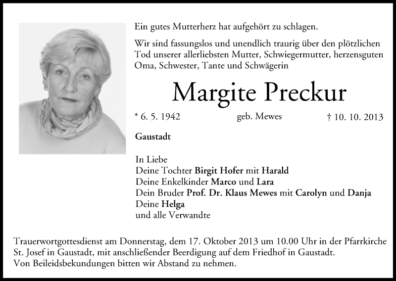  Traueranzeige für Margite Preckur vom 15.10.2013 aus MGO