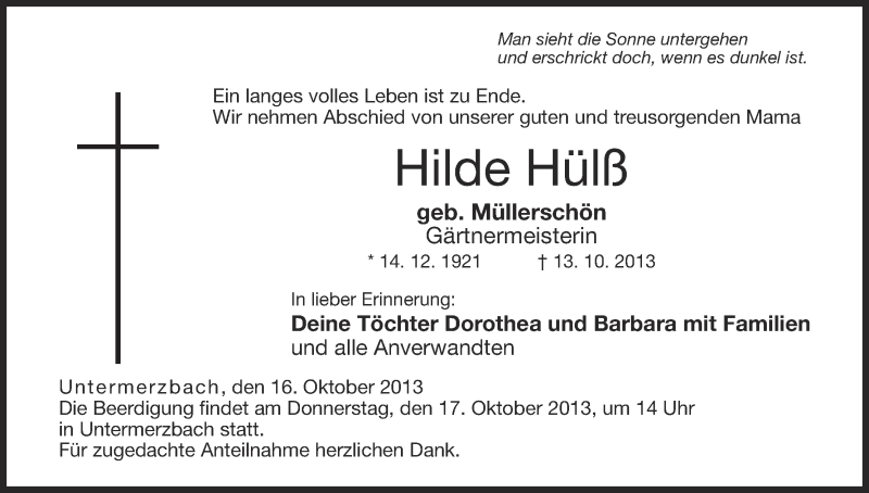  Traueranzeige für Hilde Hülß vom 16.10.2013 aus MGO