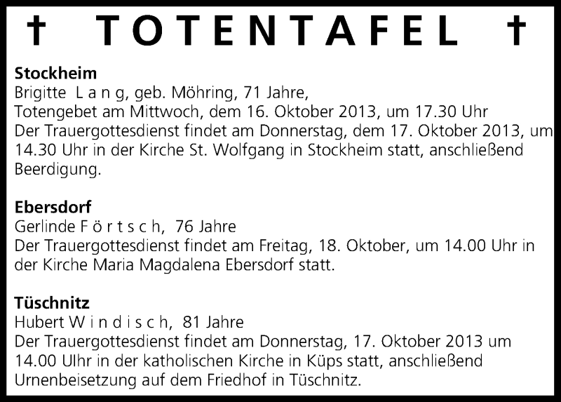  Traueranzeige für Totentafel vom 16.10.2013 vom 16.10.2013 aus MGO