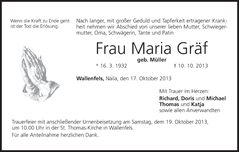 Traueranzeige für Maria Gräf vom 17.10.2013 aus MGO