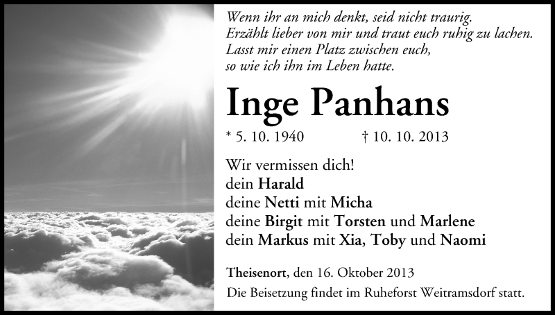  Traueranzeige für Inge Panhans vom 16.10.2013 aus MGO