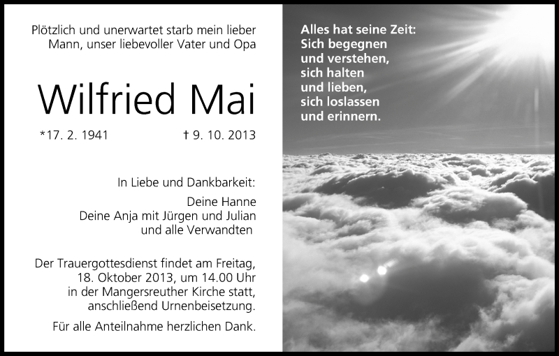  Traueranzeige für Wilfried Mai vom 16.10.2013 aus MGO