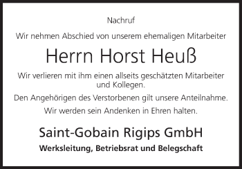 Anzeige von Horst Heuß von MGO