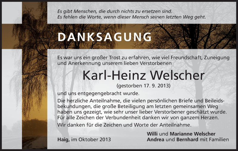  Traueranzeige für Karl-Heinz Welscher vom 16.10.2013 aus MGO