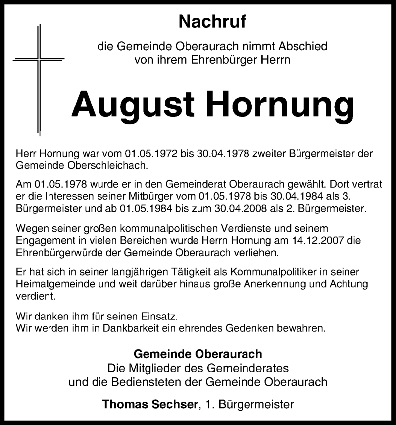  Traueranzeige für August Hornung vom 16.10.2013 aus MGO